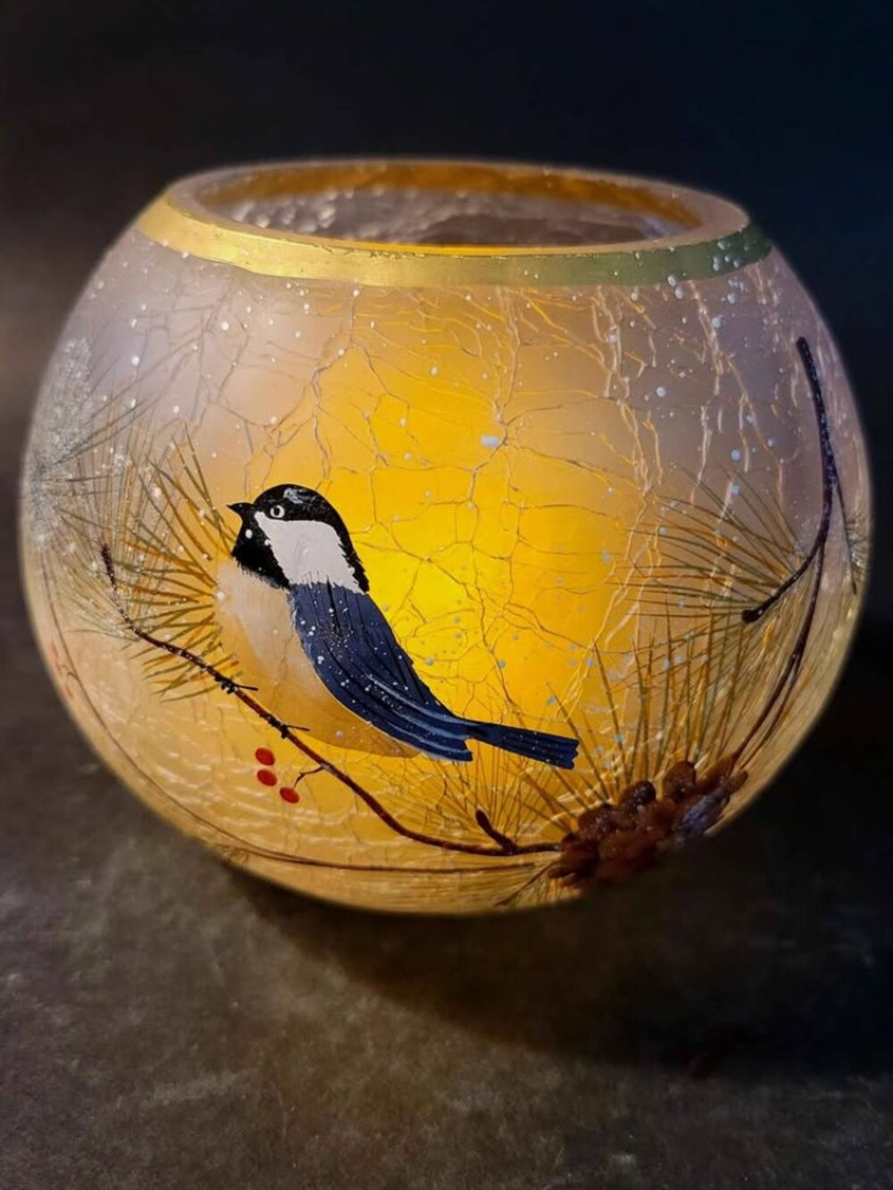 Crackled, Frosted Candle Holder with Chickadee Birds, Pine Cones, Pine Needles